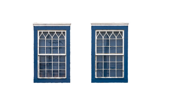 Blue colonial windows with ornamental white frames, refined aesthetics and urban reflections, transparent background, represent the historical architectural elegance and cultural heritage of Brazil.