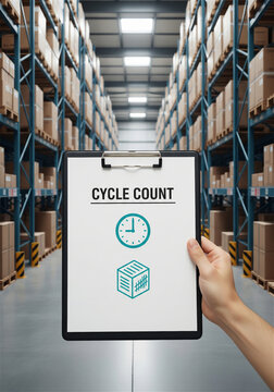 Cycle count inventory management clipboard held in hand, warehouse logistics auditing process, industrial storage facility with stock shelves