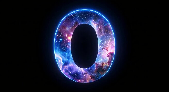 A glowing blue neon outline encircles the number zero, which is filled with a vibrant cosmic galaxy pattern against a dark black background.