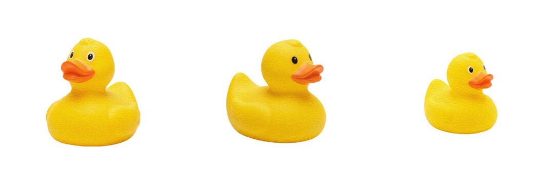 Set and collection of yellow rubber duckling toy isolated on white background