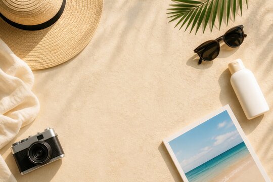 Flat lay of travel items arranged on light sandy background with empty space