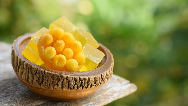Clear Glycerin mix silk cocoon extract and soap silk cocoon on natural background.