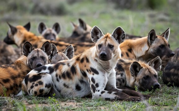 Pack of Spotted Hyenas Resting Closely Together on African Savannah Grassland