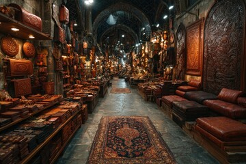 Obraz premium Lavish Leather Bazaar Alley with Ornate Carpets and Carved Woodwork