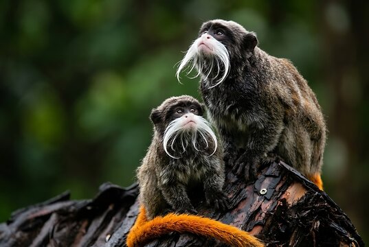 Close-Up Portrait of Two Majestic Emperor Tamarin Monkeys Perched on Dark Wood.