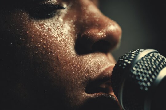 A singer sings into a microphone with water droplets on the face.