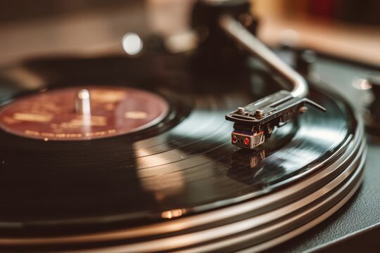 A turntable spins a vinyl record with the needle resting on grooves.