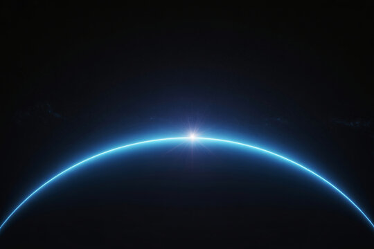 Glowing blue planet horizon with bright star in space, neon light curve