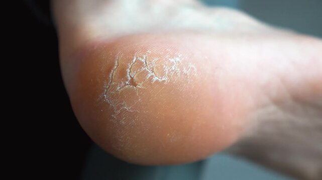 Close-up view of a person's foot with a very dry and cracked heel, showing flaking skin and fissures, a common dermatology and podiatry problem requiring moisturizing treatment
