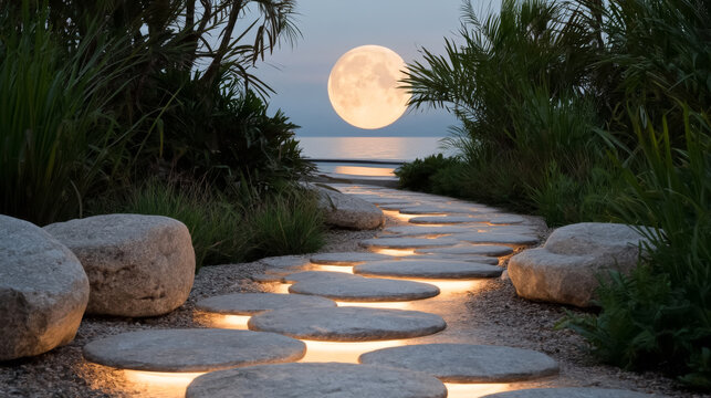 Enchanting jungle path with glowing stones and full moon serenity