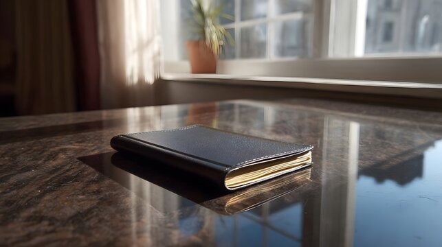 A dark leather journal rests on a reflective marble surface dramatically illuminated by soft natural window light
