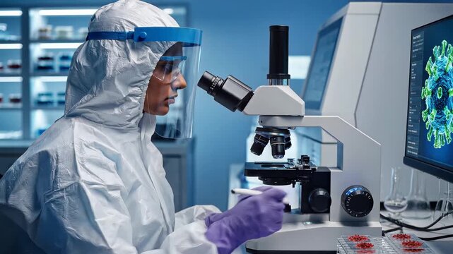 Scientist in protective suit examines virus under microscope in laboratory.