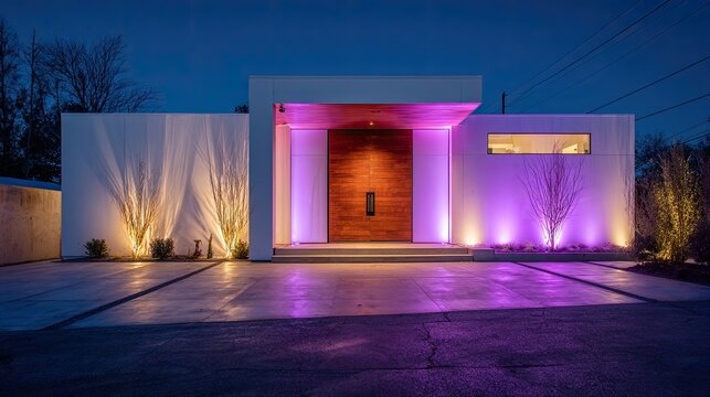 Modern home exterior with dramatic purple uplighting on a dark evening