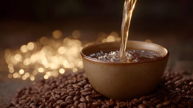 A rich stream of coffee liquid pours into a ceramic bowl set upon a bed of roasted coffee beans capturing a warm and aromatic moment