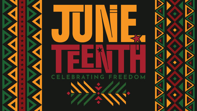 Juneteenth Celebrating Freedom Typography Poster &mdash; African American Holiday Kente Pattern Background Vector
