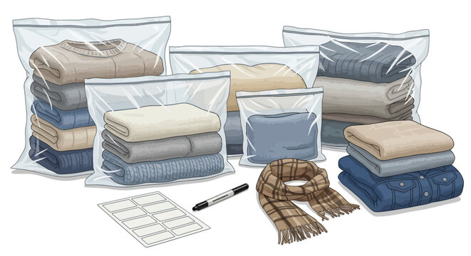 Organized winter clothing in transparent storage bags with marker and checklist