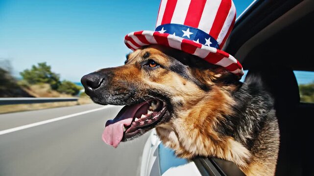 Happy Dog Wearing Uncle Sam Hat Looking Out Car Window Patriotic American Celebration Fourth of July Travel Freedom Summer Vibes Concept