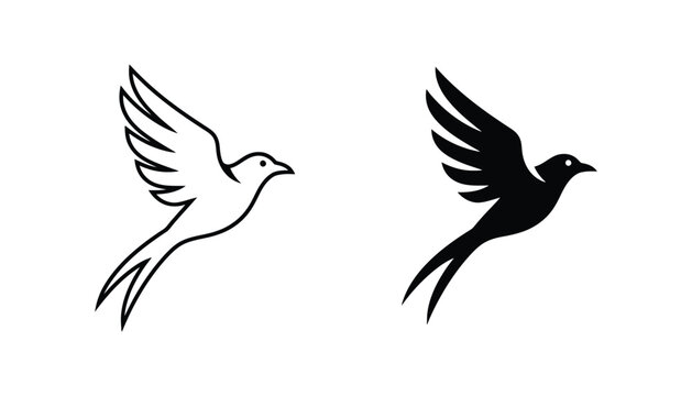 Elegant bird in flight icon set featuring swallow or dove silhouette in both linear and solid black graphic styles for nature and freedom concepts in web design on white background