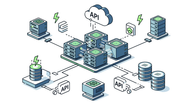 Cloud-based api integration and data storage concept in isometric design