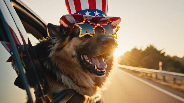 Happy Dog Wearing Patriotic Uncle Sam Hat and Star Shaped Sunglasses Leaning Out Car Window During Golden Sunset Road Trip Adventure Summer Travel Freedom Lifestyle Scene