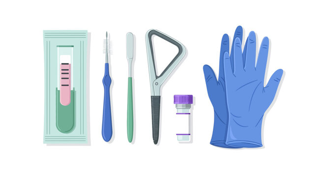 Flat design medical test kit with equipment and protective gloves