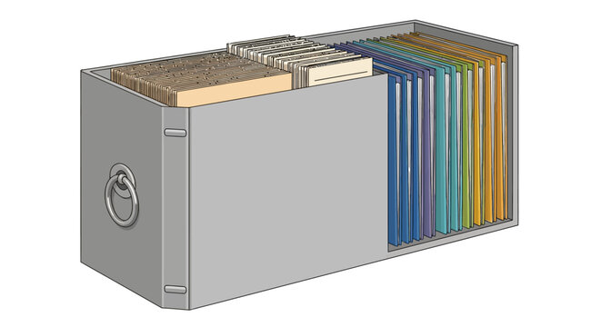 Organized paper filing box with colorful folders in isometric style