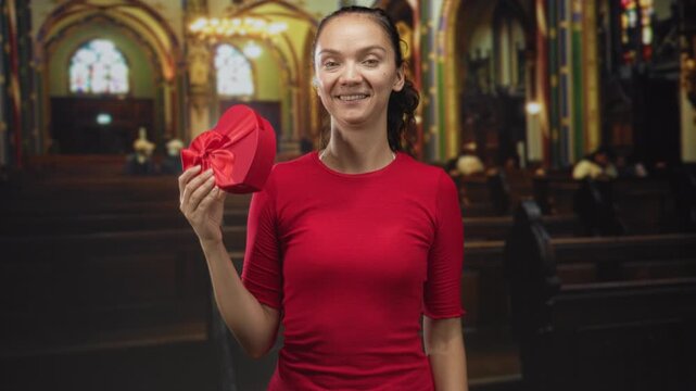Woman in red shirt holds a red heart shaped gift box in front of her chest while smiling in an ornate church building; romance joy offering.