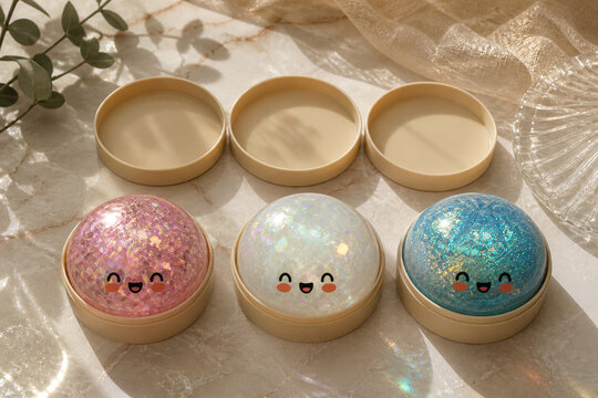 Three kawaii glitter dumpling toys with smiley faces in pink, white and blue holographic sparkle colors, open beige lids on marble surface