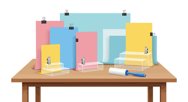 Multicolored craft paper display with clips and acrylic stands on wooden table