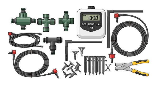 Garden drip irrigation kit with timer and connectors for efficient watering