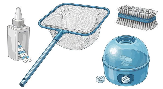 Pool cleaning tools set featuring net skimmer, chlorine tablets, test kit, and brush