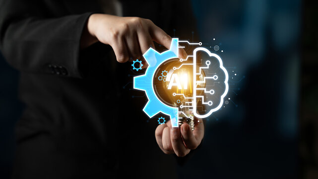 Concept of Artificial Intelligence combining industrial automation with cognitive technology. A machine learning brain processes information to optimize mechanical systems and workflows. Fermion