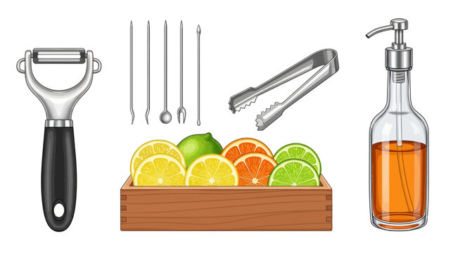 Fresh citrus and bartending tools with fruit slices in a box