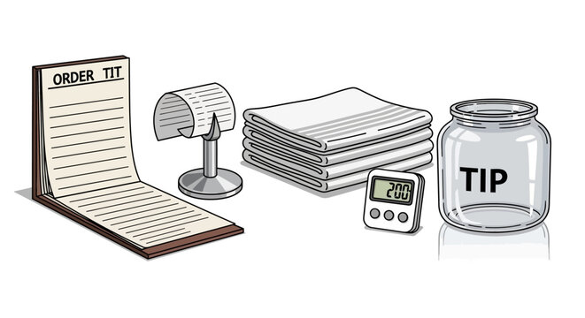 Restaurant table essentials: order pad, receipt holder, napkins, tip jar, timer