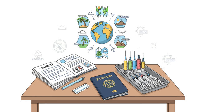Travel preparation with passport, consent forms, and vaccination syringes