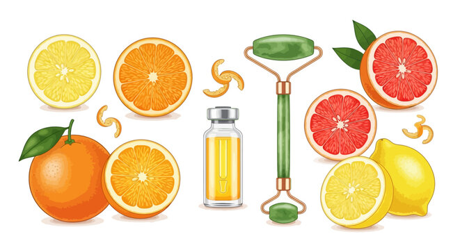 Vibrant citrus fruits and skincare oil with jade roller on white background