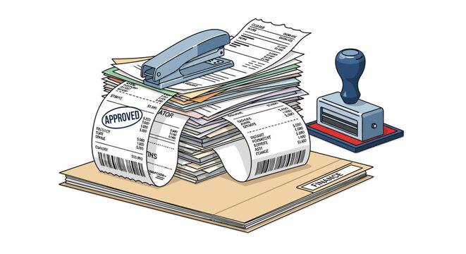 Desk with approved invoices and office supplies in modern comic style