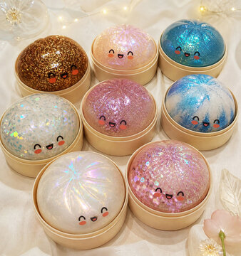 collection of eight cute kawaii glitter dumpling toys with smiley faces in various sparkle colors displayed in bamboo steamer boxes