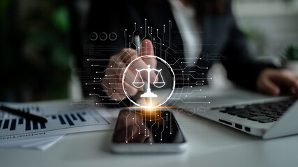 Futuristic digital law interface displaying justice scale, highlighting digital law, AI compliance,...