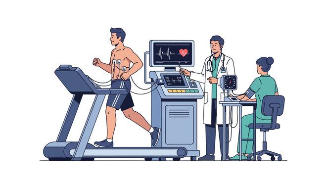 Man undergoing cardiac stress test with medical professionals in hospital setting