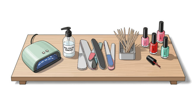 Manicure set: nail care tools and polish on wooden tray in isometric design