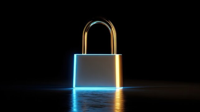 Illuminated padlock on dark reflective surface, cyber security concept