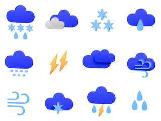 Obraz premium Set of 3D weather icons including rain, snow, cloud, wind, storm, lightning and mixed weather conditions. Perfect for weather forecast