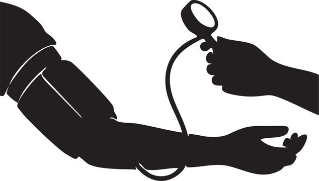 Nurse measuring patient blood pressure with arm cuff silhouette