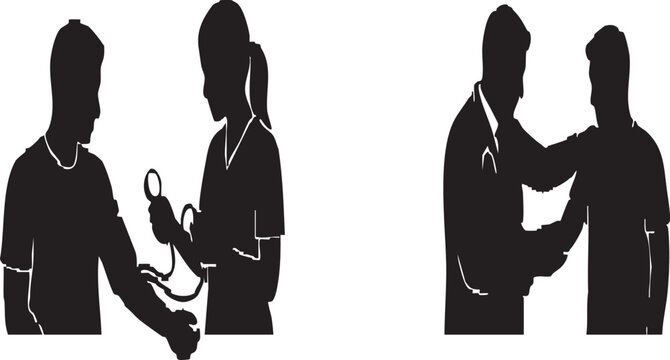 Nurse Measuring Patient Blood Pressure with Manual Cuff Silhouette Icon