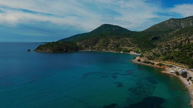 Aerial view of the idyllic Kargi Bay with turquoise waters and lush mountains in Datca, Turkey