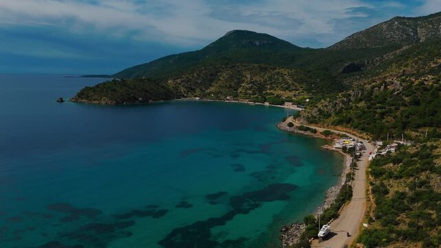 Aerial view of the idyllic Kargi Bay with turquoise waters and lush mountains in Datca, Turkey