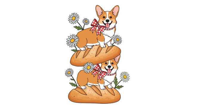 Playful corgis and daisies with bread: whimsical animal design