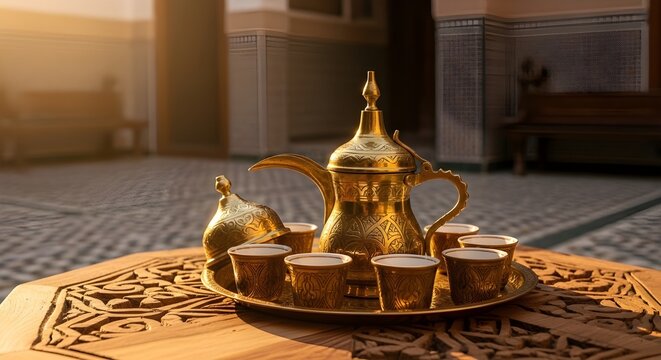 Elegant arabian tea pots and cups arranged beautifully on a patterned carpet inside a luxurious room.
