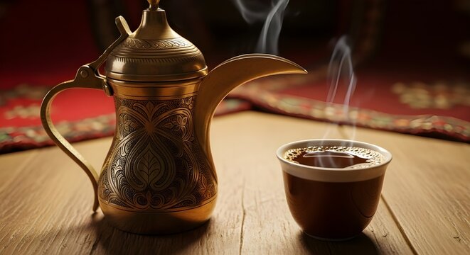 A steaming cup of arabic coffee beside a traditional brass dallah in a cozy arabian setting.